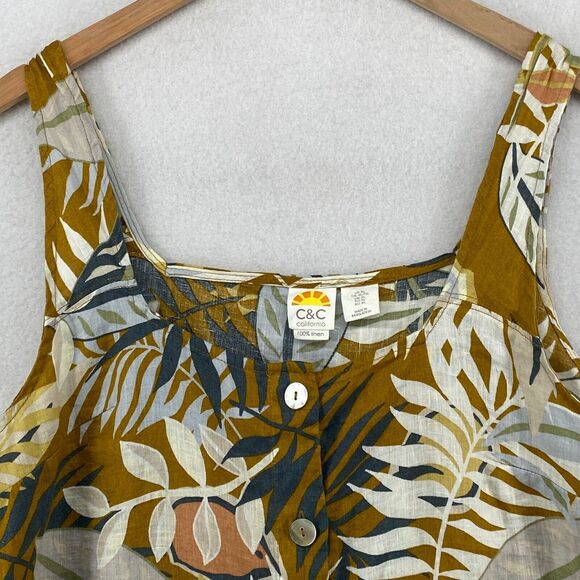 C&C CALIFORNIA Tank Top XL Linen Tropical Sleeveless Button Front Yellow - Picture 4 of 11